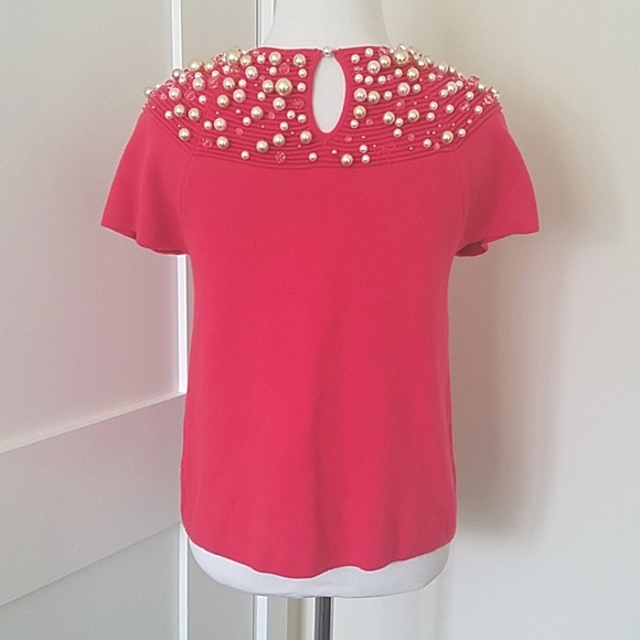 NWT Anthropologie Pink knit short-sleeved top with pearl/bauble beads. Size XS. - Picture 2 of 4